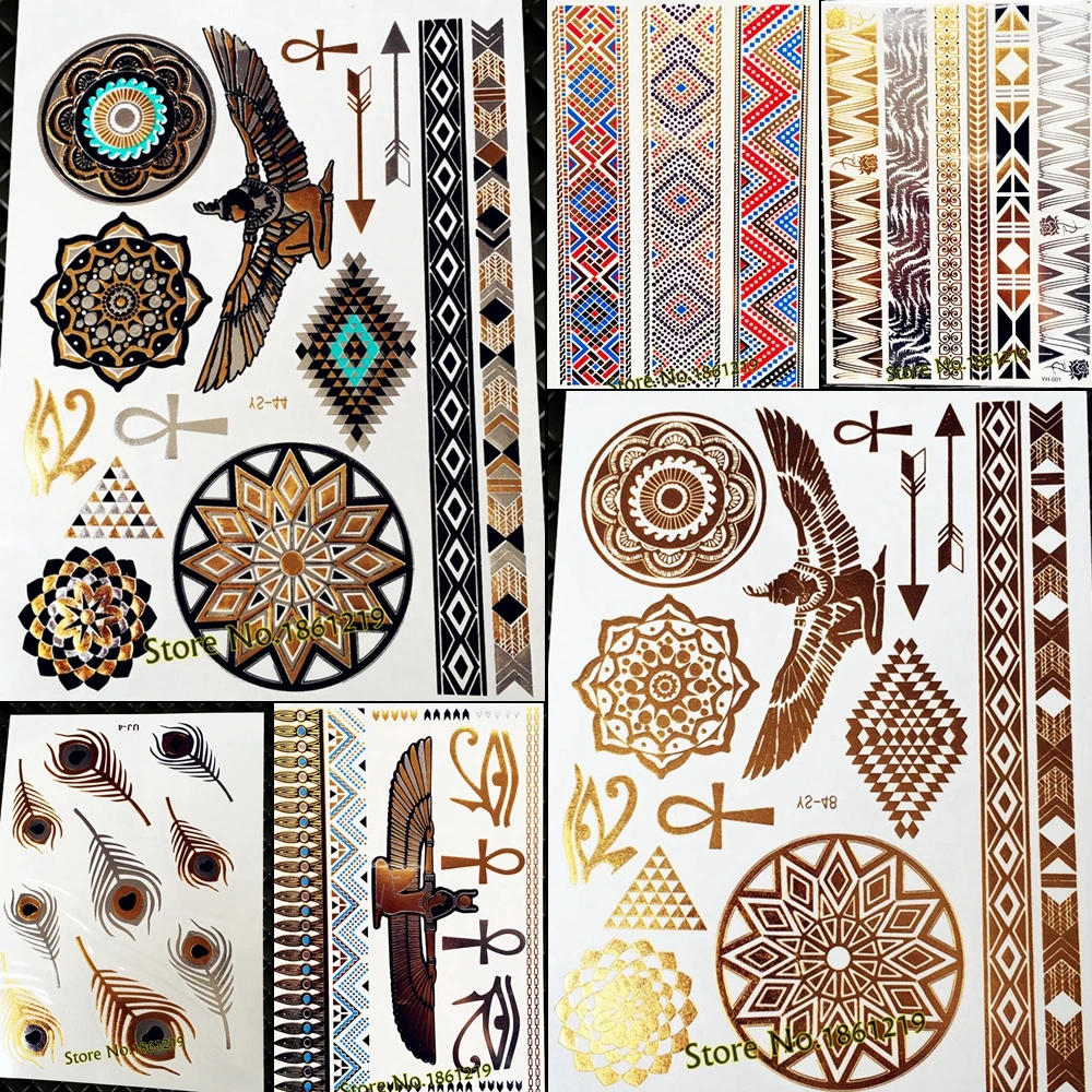 

Gold Mandala Flower Water Transfer Tattoo Summer Fake Flash Metallic Golden Temporary Tattoo Stickers Indian Eagle Tatoo Chains