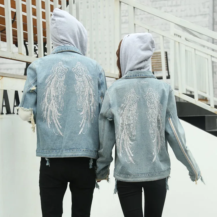 

New Arrival 2019 Women Vintage wing Denim Coat Boyfriend Spring Long Sleeve Men Female Hooded Coats Oversized Casual Hole Tops