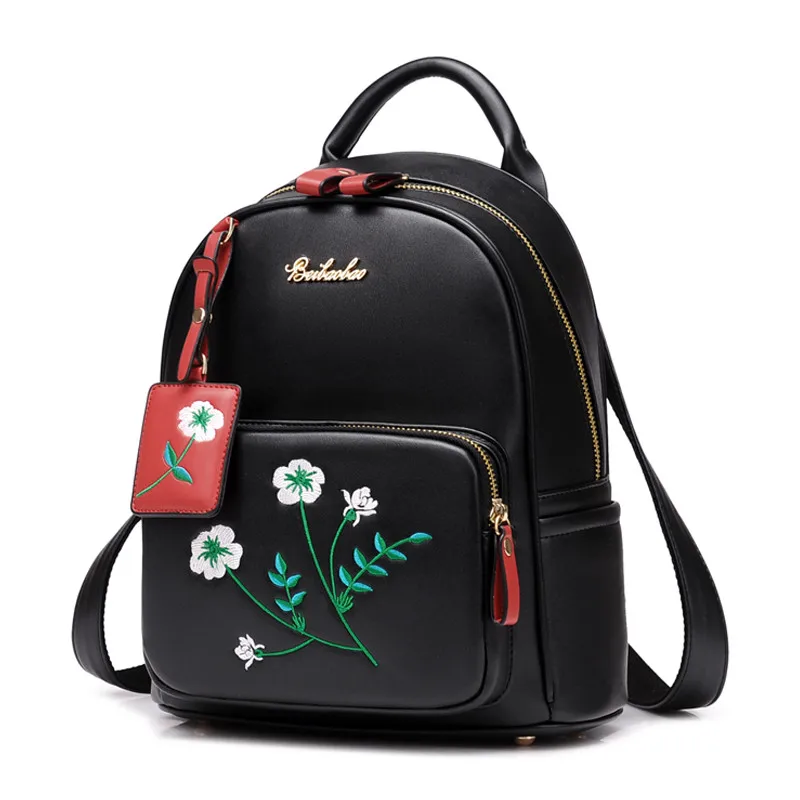 Embroidered Flowers Backpack Women Sweet Shoulder Bag High Quality Leather School Bags for