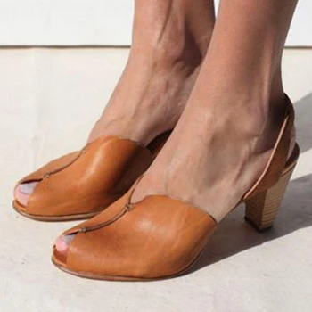 

Leather Women Sandals High Heel Fish Head Pumps Fashion Ladies Sandals Block Heel Shoes Woman Size 35-43 Chaussures Femme