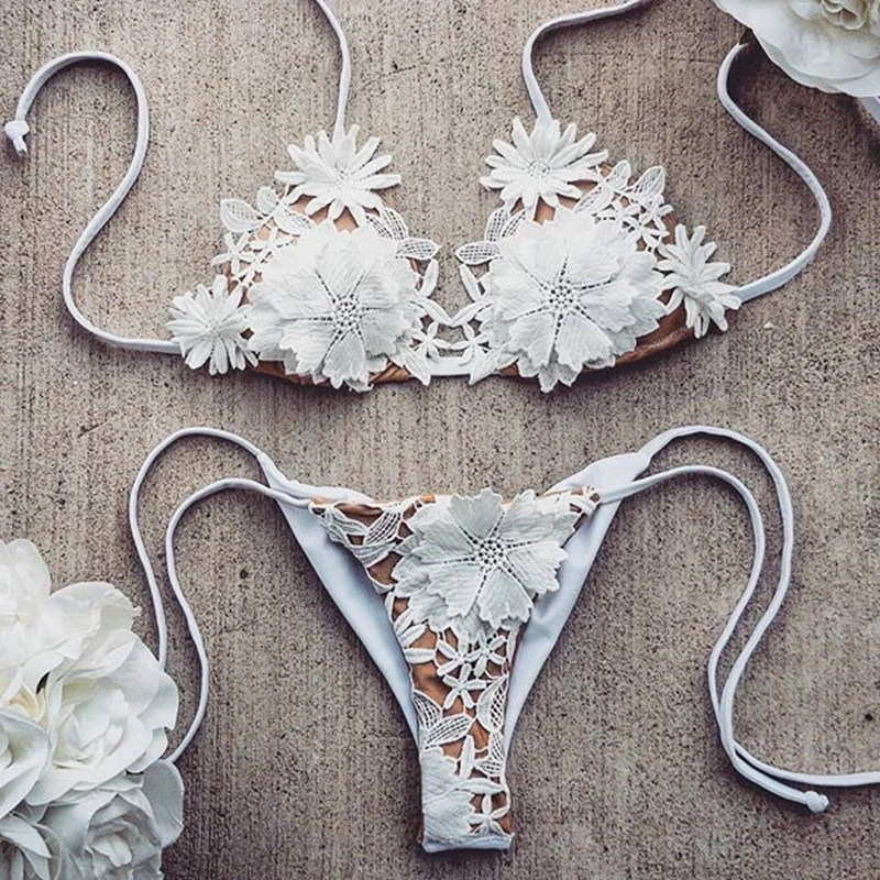 

Two pieces Swimsuit 2018 Sexy 3D Floral Swimwear Lace Bikinis Women White Bikini Set Micro Biquini Push Up Female Bathing Suits