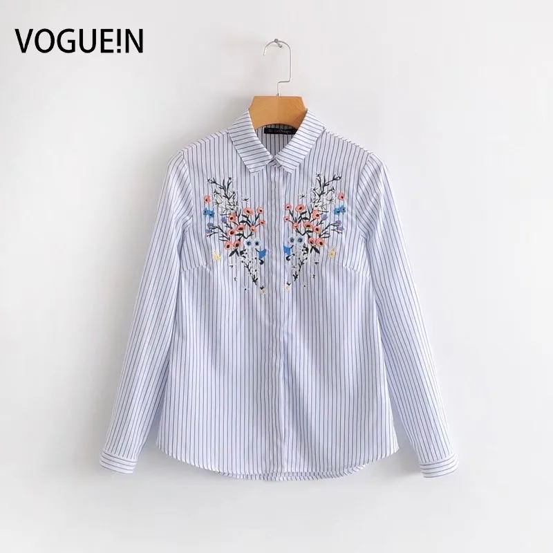 

VOGUEIN Womens Floral Embroidered Long Sleeve Striped Button Down Shirt Blouse Tops Wholesale