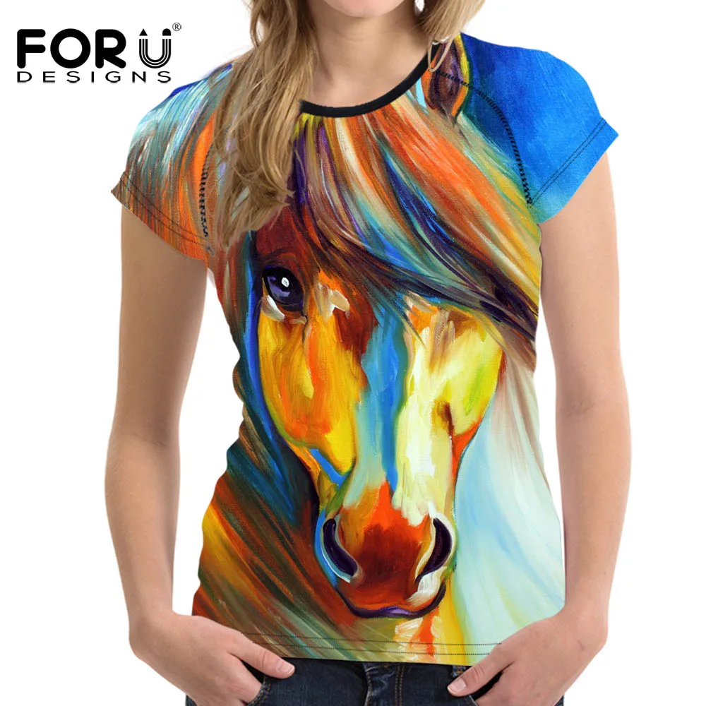 FORUDESIGNS/Модная женская летняя футболка с 3D принтом Crazy Horse, футболка с коротким рукавом и изображением животных, новинка, женская футболка