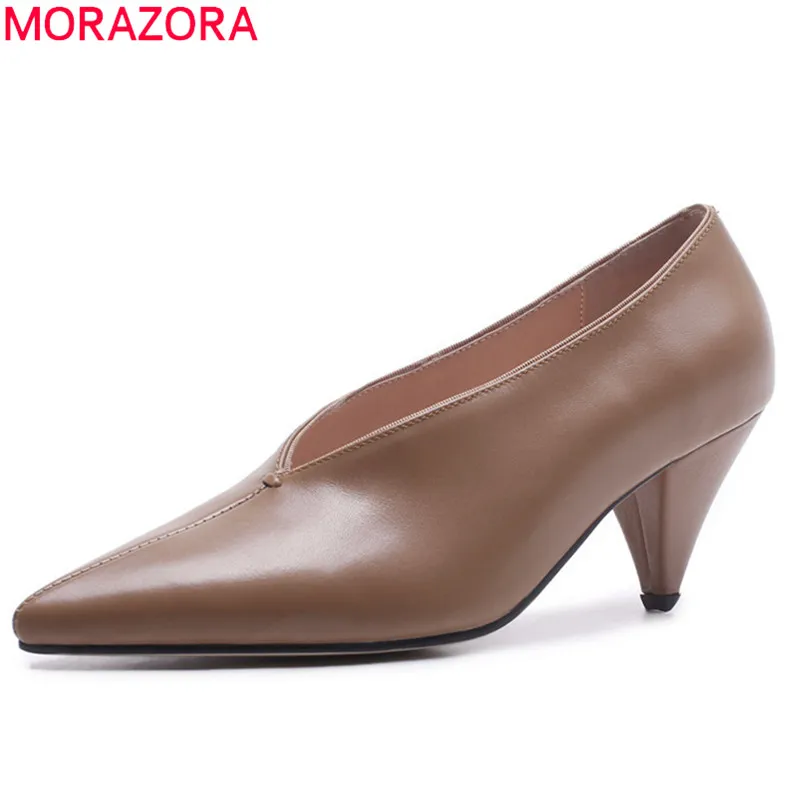 MORAZORA/ г.; туфли из натуральной кожи с острым носком; простые туфли-лодочки с закрытым носком; женская обувь; однотонные весенне-летние туфли на высоком каблуке