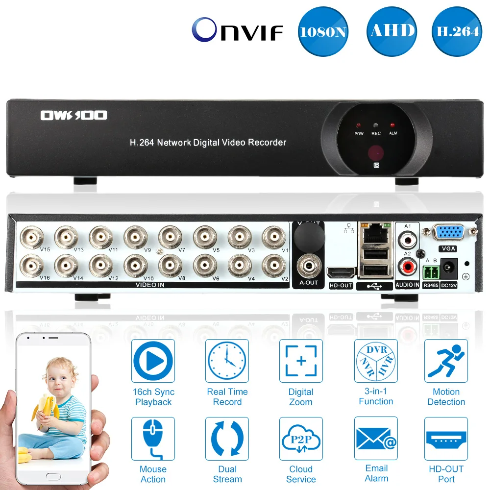 OWSOO 16CH CCTV AHD TVI DVR HVR NVR 1080N Digital Video Recorder 16CH DVR System Cloud H.264 Security Surveillance Email Alarm