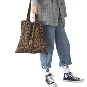 

THINKTHENDO Corduroy Shopping Bag Reusable Tote Handbag Leopard Pattern Shoulder Bags Shoppers Women Large Handbags