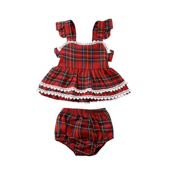 

0-3Y Toddler Kids Baby Girls Red Plaid Clothes Set Backless Ruffles T-shirt Tops + Bottom Shorts Outfits