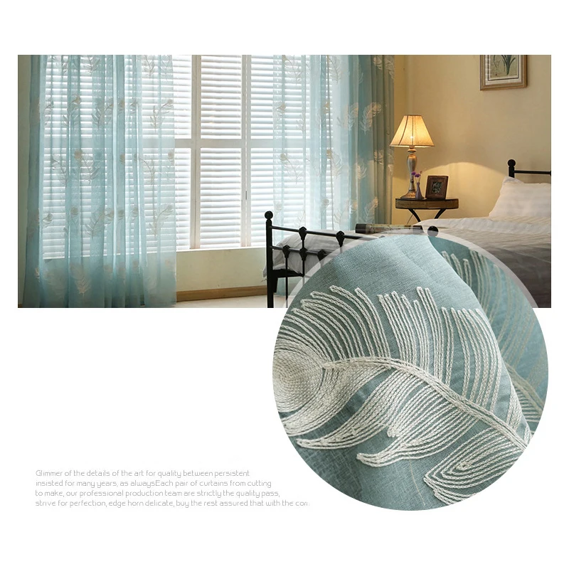 New White/Blue Feather Embroidered Voile Curtains for Living Room the Bedroom Sheer Curtains Tulle Window Fabric Drapes