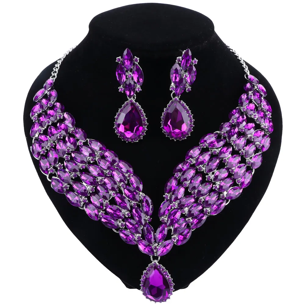 Модный свадебный комплект для невесты, формальная вечеринка, выпускной, ювелирное изделие, кристаллы, стразы, массивное ожерелье, серьги, ювелирный набор - Окраска металла: Purple