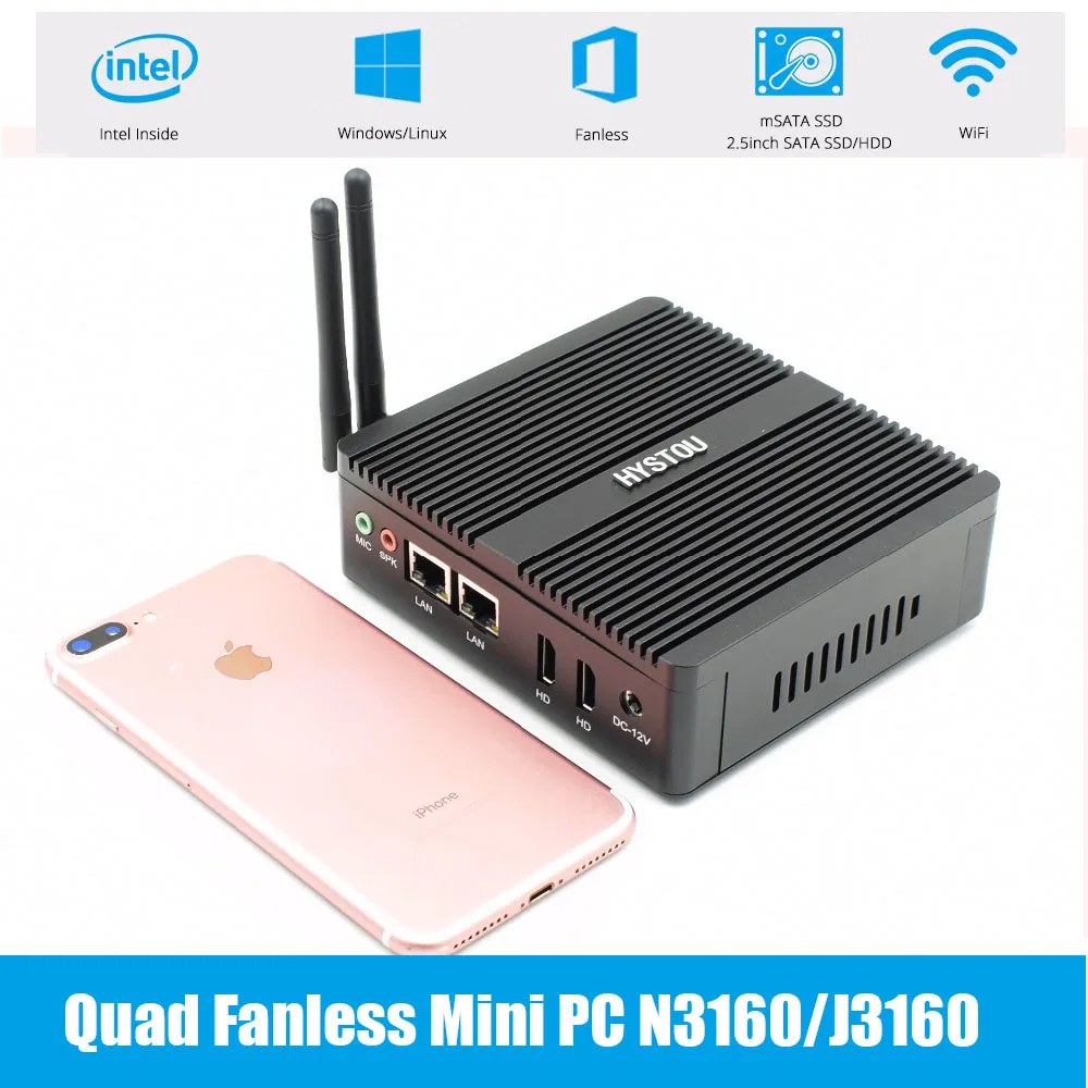 Qaud Core Pfsense безвентиляторный мини-ПК Intel N3160/J3160 J1900 Barebone Мини ПК 2* Gigabit LAN(RJ-45) dual LAN мини ПК сервер