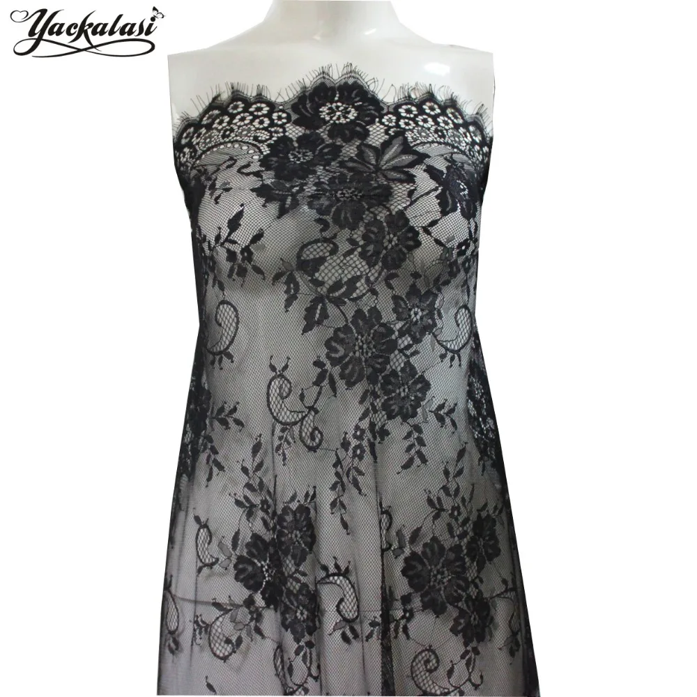 

YACKALASI 3 Meters/Lot Party Dress Fabrics Eyelash Mesh Lace Fabric Soft Knitting Nylon Flower Jacquard Black 150CM*300CM