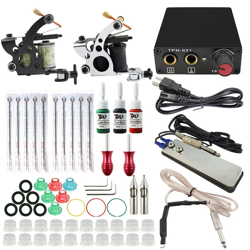 Complete profession Tattoo kits 10 wrap coils 2 guns machine 3 tattoo ink sets power supply disposable needle clip cord tattoo kit completed tattoo kits 8 wrap coils guns machine 4 color tattoo ink sets power supply disposable needle