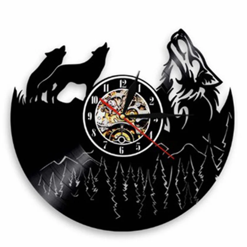 Винтажные виниловые настенные часы современный дизайн 3D наклейки дикие животные волк тема виниловые CD часы настенные часы искусство домашний декор 12"