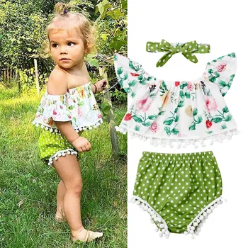 

2019 New Flower Newborn Baby Girls Clothes Set Off Shoulder Pom pom T Shirts + Green Shorts Outfits Baby Girls Costumes