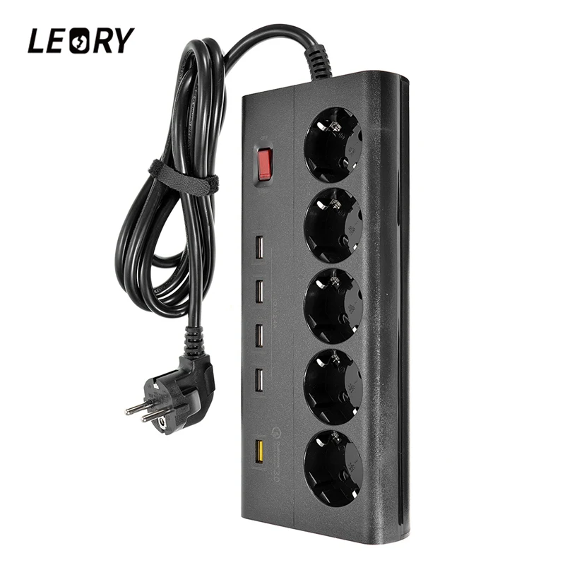 

LEORY 250V 16A Extension Outlets 5 EU Plug Outlets 5 USB Ports Power Strip Socket Switch Mains Lead Plug Strip Adapter