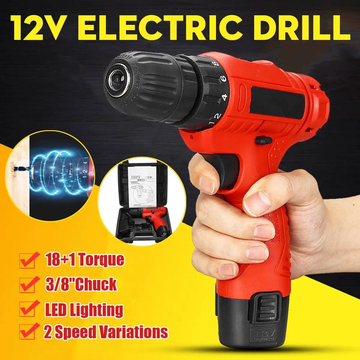 

12V Max Electric Screwdriver Cordless Drill 18+1 Torque Adjustment 2 Speed Variations Mini Electric Cordless Drill