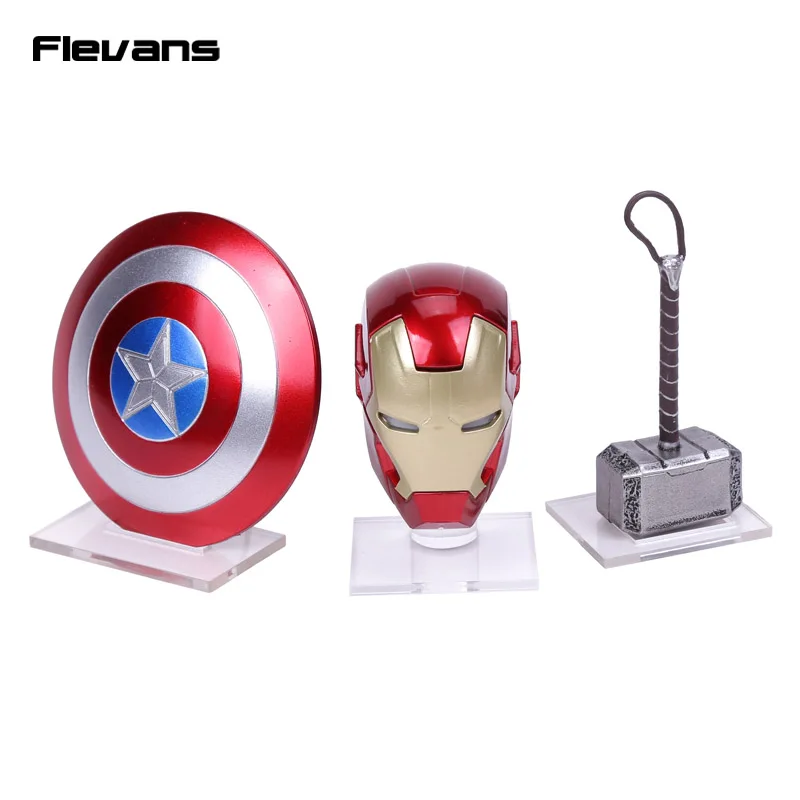 Image Avengers Super hero Mini Weapons Captain America Shield + Iron Man Helmet + Thor Hammer Figures Model Toys with LED Light Set