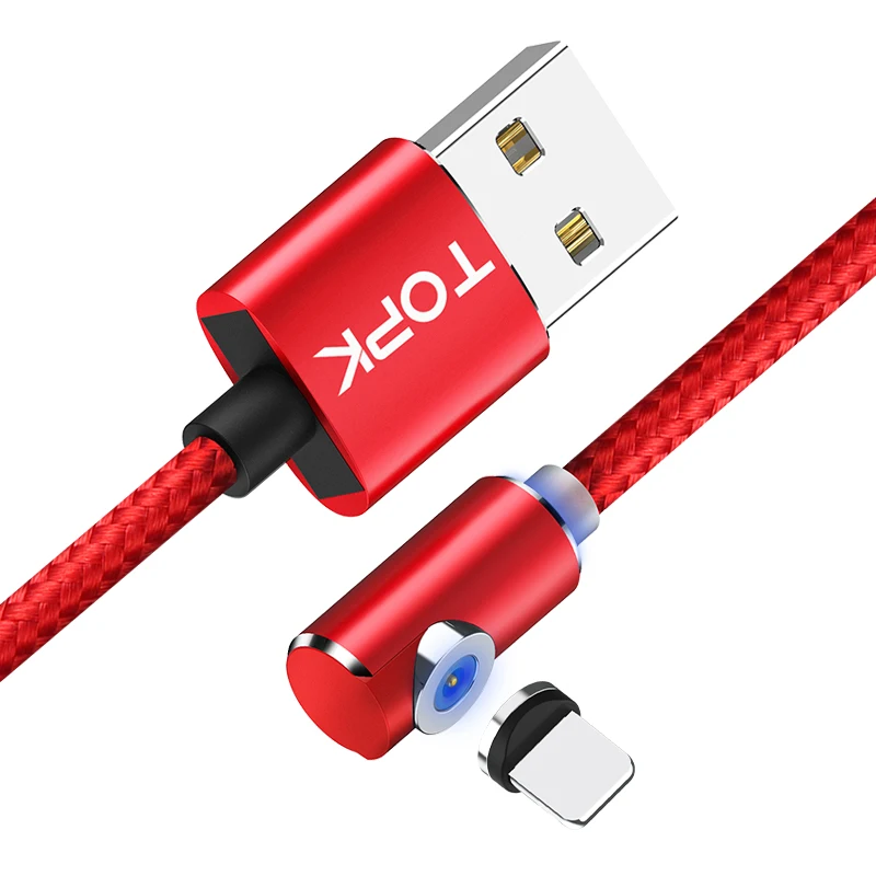 TOPK AM51 90 градусов светодиодный Micro USB кабель Магнитный зарядный кабель для iPhone samsung Xiaomi usb type C Магнитный зарядный кабель адаптер - Цвет: Red Cable