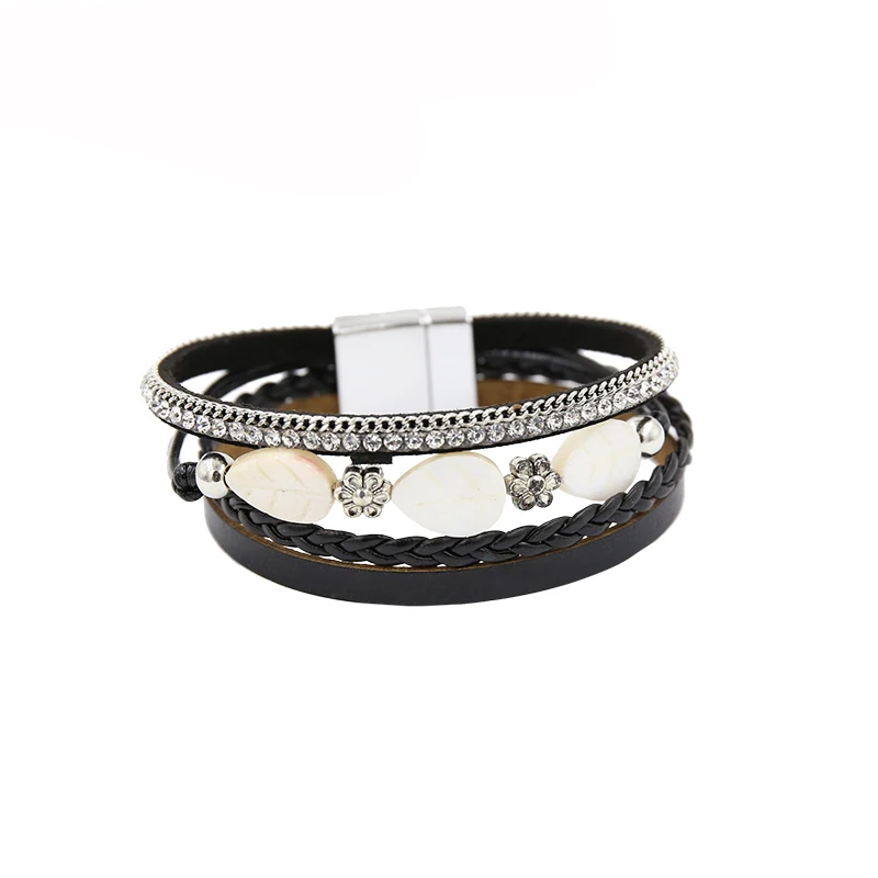 

Handmade Multiple Layers Rhinestone bracelet For Women Vintage Stone Leaves Weaving wrap around wristband Boho Fashion Jewelry