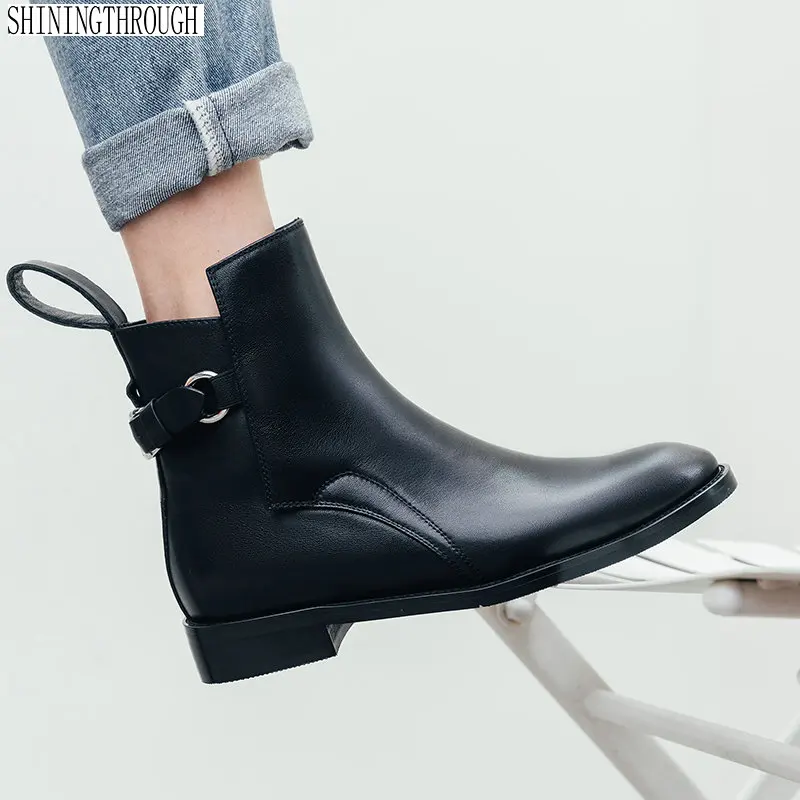 

Women Boots Genuine Leather Chelsea low heels shoes woman Handmade chelsea Boots Brand rouned Toe buckle Ladies Shoes