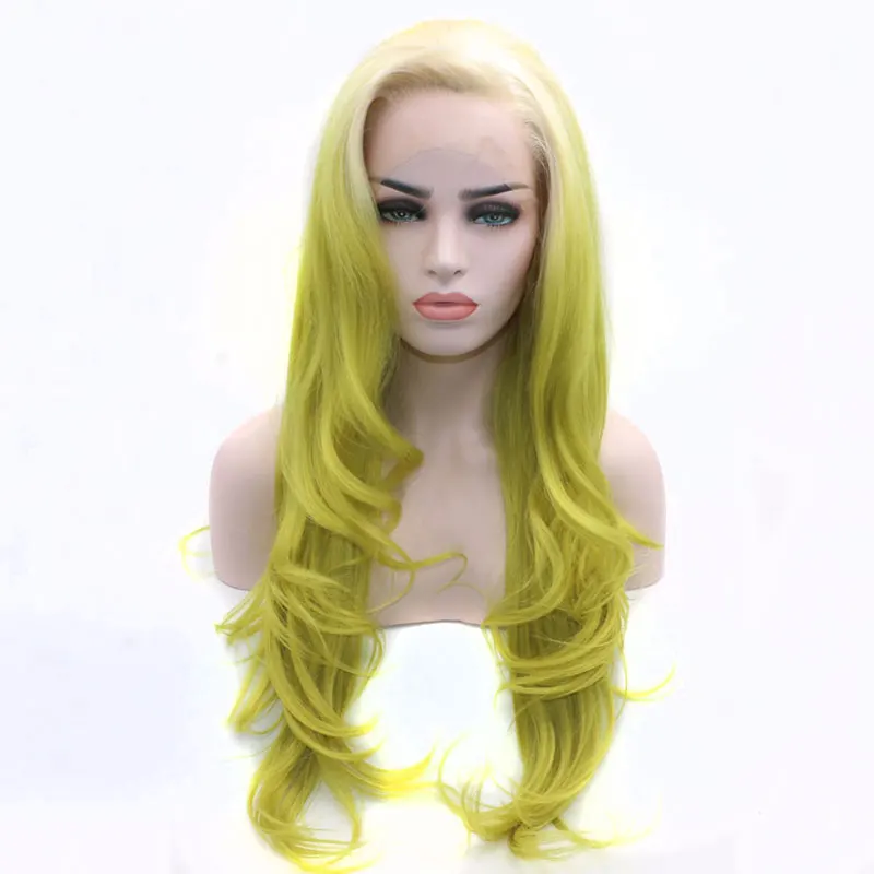 

Bombshell Blonde Ombre Green Natural Wave Synthetic Lace Front Wig Glueless Heat Resistant Fiber Hair Natural Hairline For Women