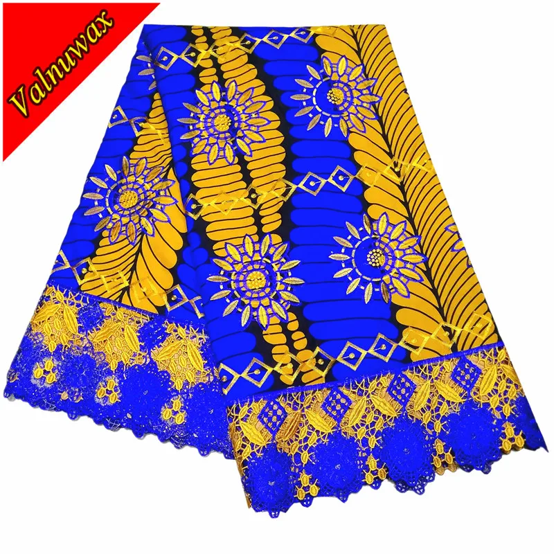 

Valuwax New Design ployester Embroidery Ankara African Wax Print Lace Yellow&blue Color Fabric With 6 Yards For Sewing /QD5302#