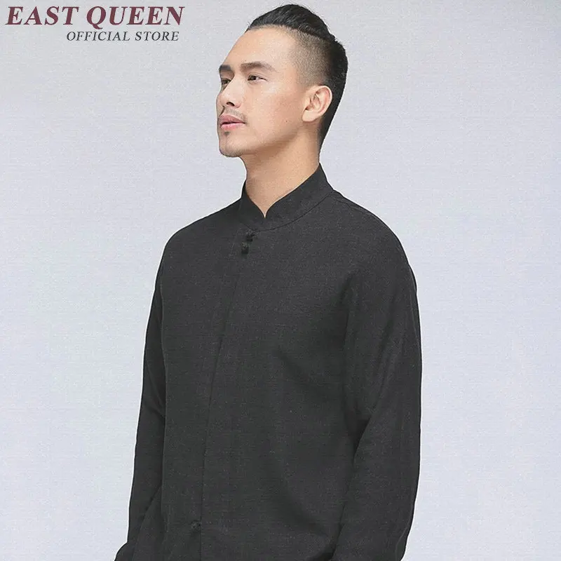 traditional Chinese clothes men solid color linen white shirts Chinese male clothing with long sleeves KK562 Q