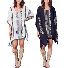 Womens Rayon V-Neck Asymmetric Bikini Cover Up Ethnic Geometric Floral Pullover Beach Dress Pom Pom Trim Tassels Neck Tie Blouse Womens Rayon V-Neck Asymmetric Bikini Cover Up Ethnic Geometric Floral Pullover Beach Dress Pom Pom Trim Tassels Neck Tie Blouse