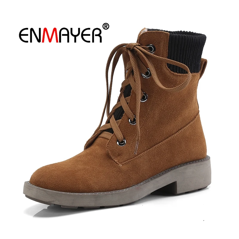 

ENMAYER Woman Ankle boots Med heels Winter Shoes Women Cow Suede Fashion Boots Round toe Thick heels Cross-tied Lace up CR1557
