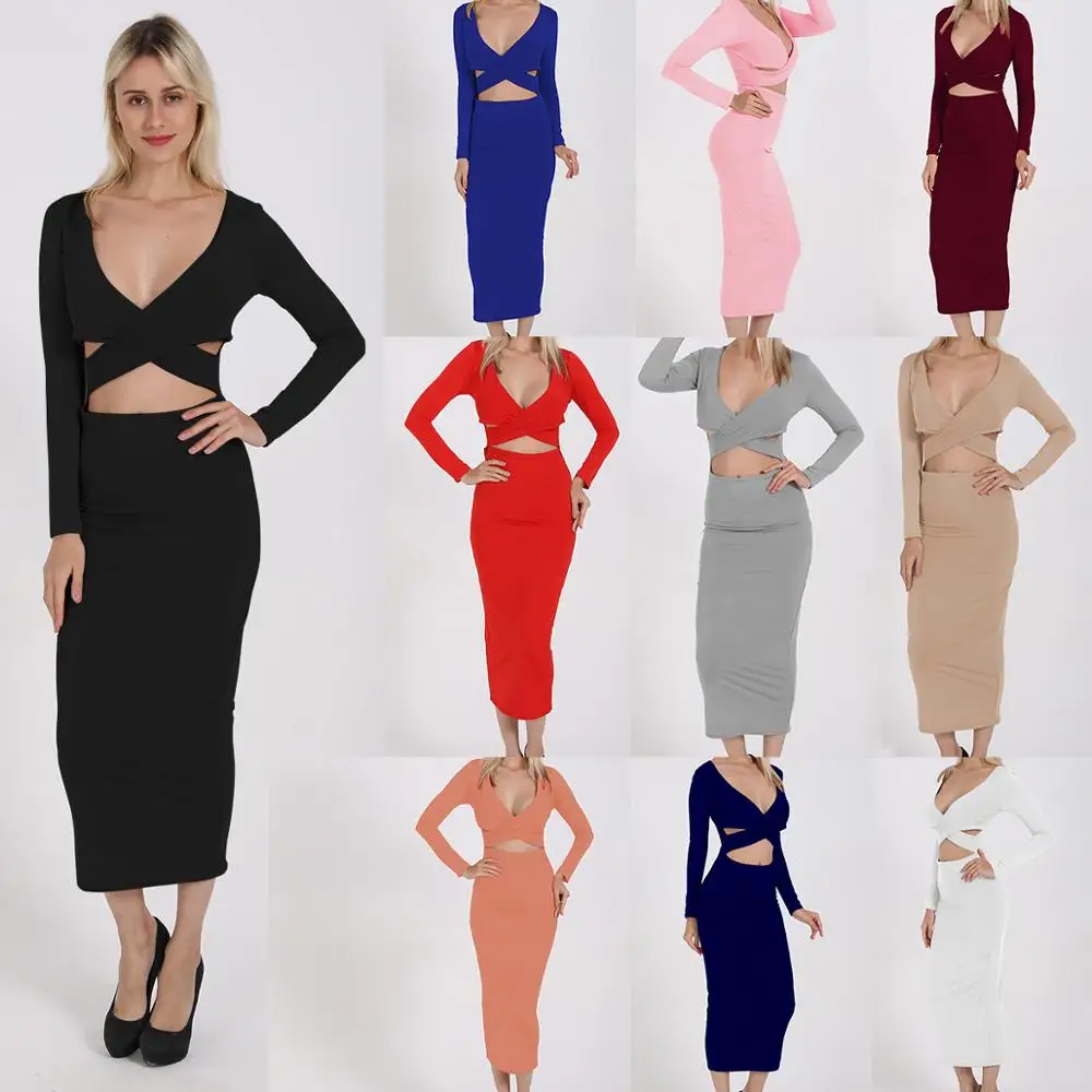 

European and American Sexy V-neck Hollow Long-sleeved Package Hip Dress Women Summer Dress