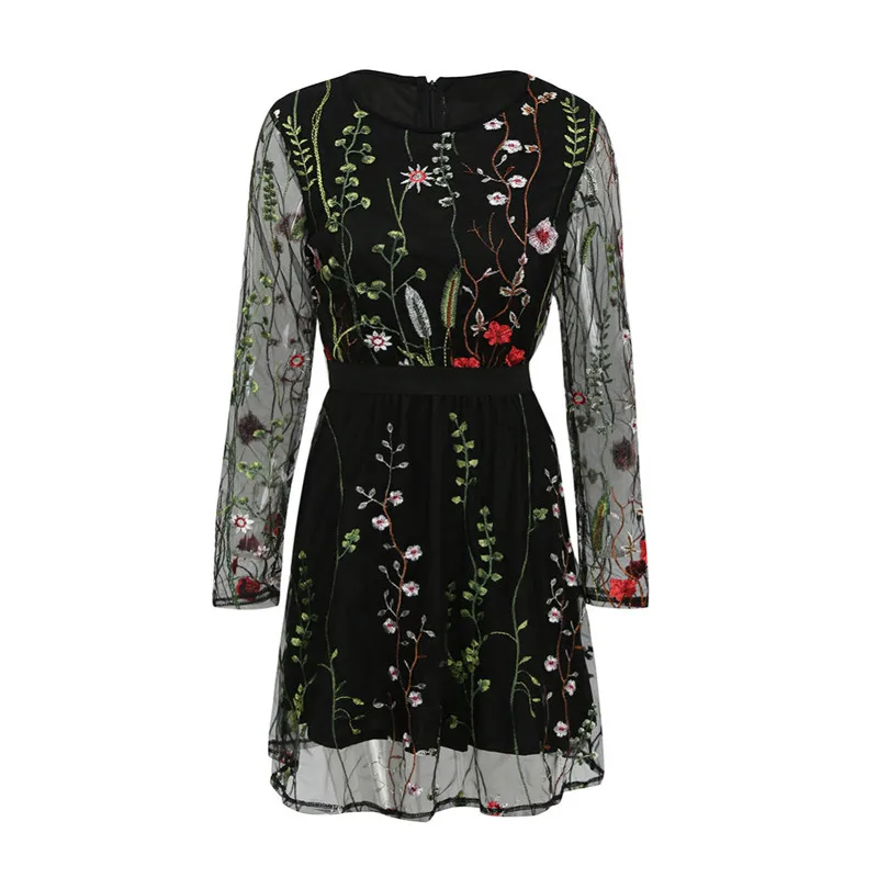 Suzhan женское летнее платье, сексуальное Цветочное платье с вышивкой, прозрачное Сетчатое богемное мини платье Vestidos
