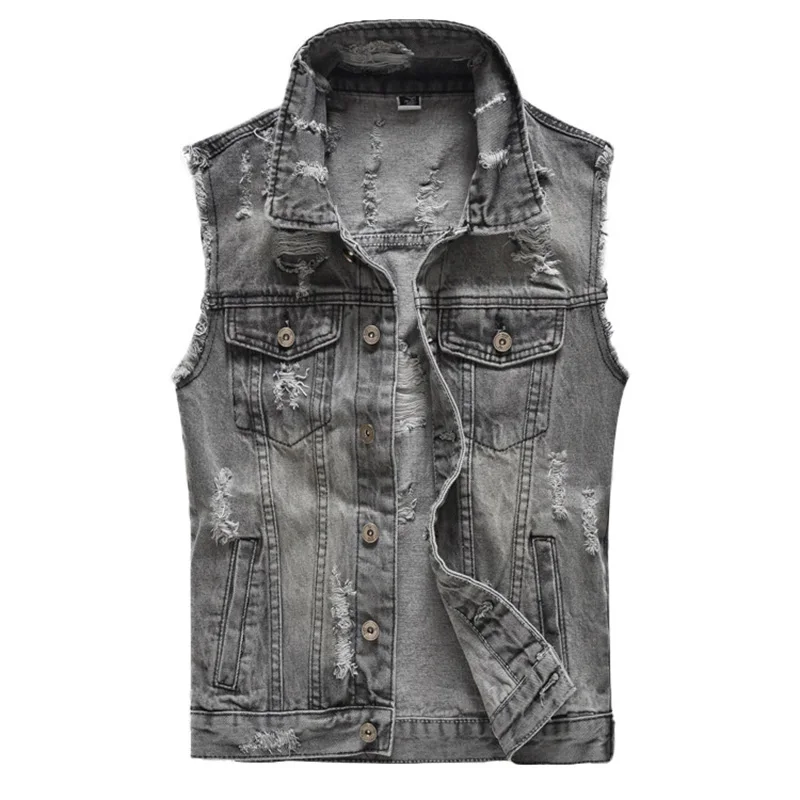 

Idopy Men Hi Street Destroyed Denim Vests With Holes Ripped Sleeveless Jean Jacket Male Distressed Waistcoat Plus Size M-5XL