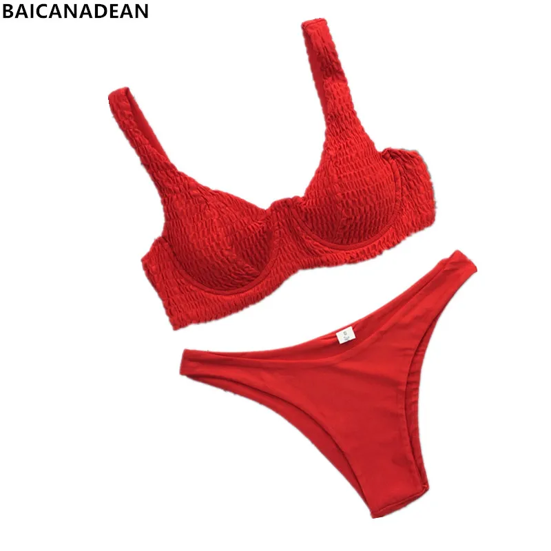 

Bikinis With 2019 Crinkle Sexy Brazilian Pleated Swimsuit Swimwear Women Bathing Suit Thong bikinis Solid Beach Wear Biquini