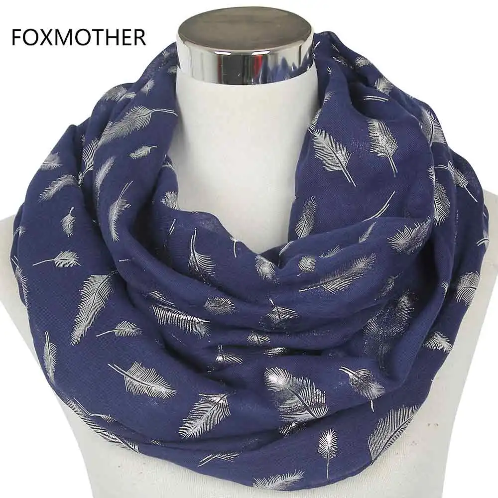 Navy Blue FOXMOTHER модные женские белые темно-синие желтые бронзовые фольга Серебряное перо кольцо шарфы шейный шарф блестящий платок - Цвет: Navy Blue