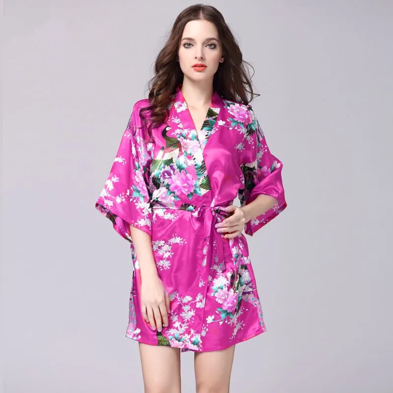 Светильник синий китайский Для женщин шелковый халат кимоно банное платье Модная женская ночная рубашка Mujer Pijama Размеры S M L XL XXL XXXL Xsz026G - Цвет: Hot Pink