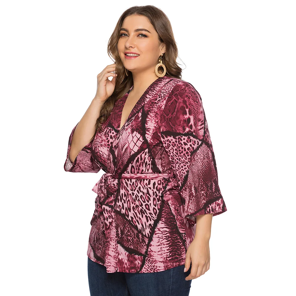 New Loose Fashion Snake Print Open Waist Tie Long Sleeve Shirt  Oversized  Code   6xl   Fat  Mm Leisure Loose  Comfortable Tops