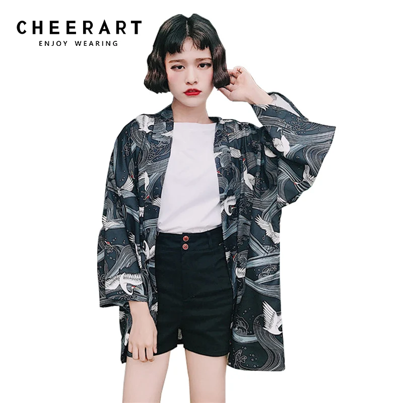 

Cheerart Vintage Black Kimono Cardigan Women Summer Haori Crane Print Chiffon Blouse 2017 Japanese Cardigan Top Clothing