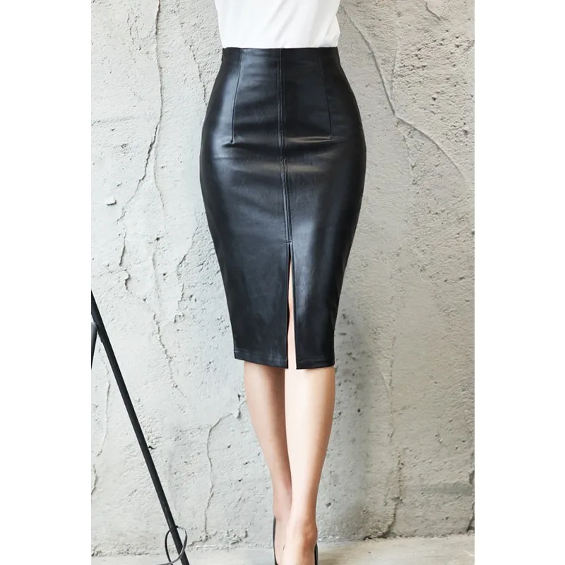 Elegant Black Bodycon Leather Split High Waisted Knee Length Pencil Skirt in Skirts