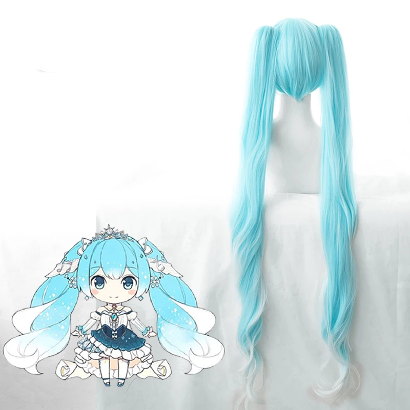 

miku 2019 Snow hatsune Ice blue gradient white long wig Cosplay Wig+Wig Cap Halloween Costume play wigs 120CM length