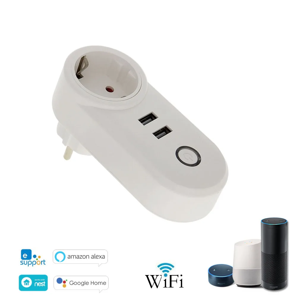 

EU Standard WIFI Switch Socket For Amazon Alexa Voice Control Smart WiFi Outlet Timing Function With 2 USB Port Smart Power Plug