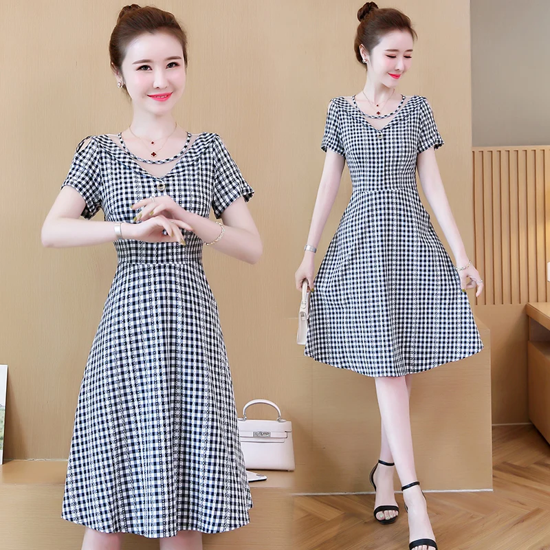 

womens woman ladies summer sexy mesh plaid Patchwork big plus size L-5XL XXL XXXL 3XL XXXXL 4XL slim Casual A-Line office dress