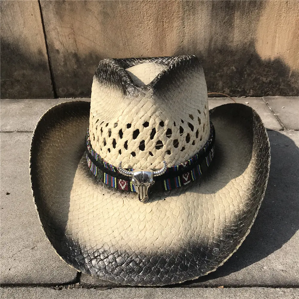 Плетеная Солома для женщин и мужчин полые западная ковбойская шляпа леди папа сомбреро Hombre Cowgirl Джаз шапки голова быка группа размер 56-58 см