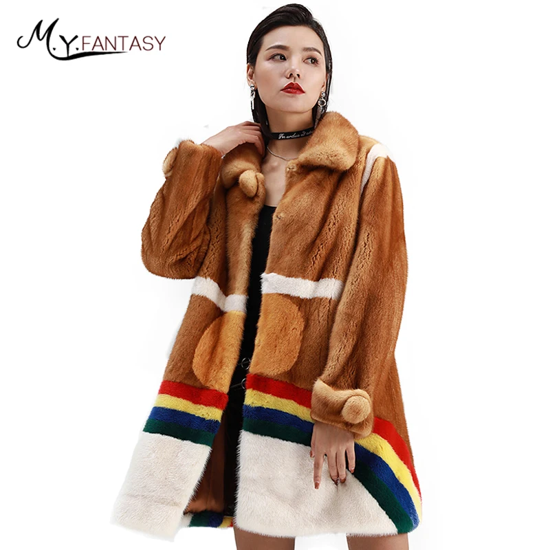 

M.Y.FANSTY Winter 2019 Swan Velvet Mink Fur Coats Turn-Down Collar Print Coat Women's Contrast Color X-Long Causal Mink Coats