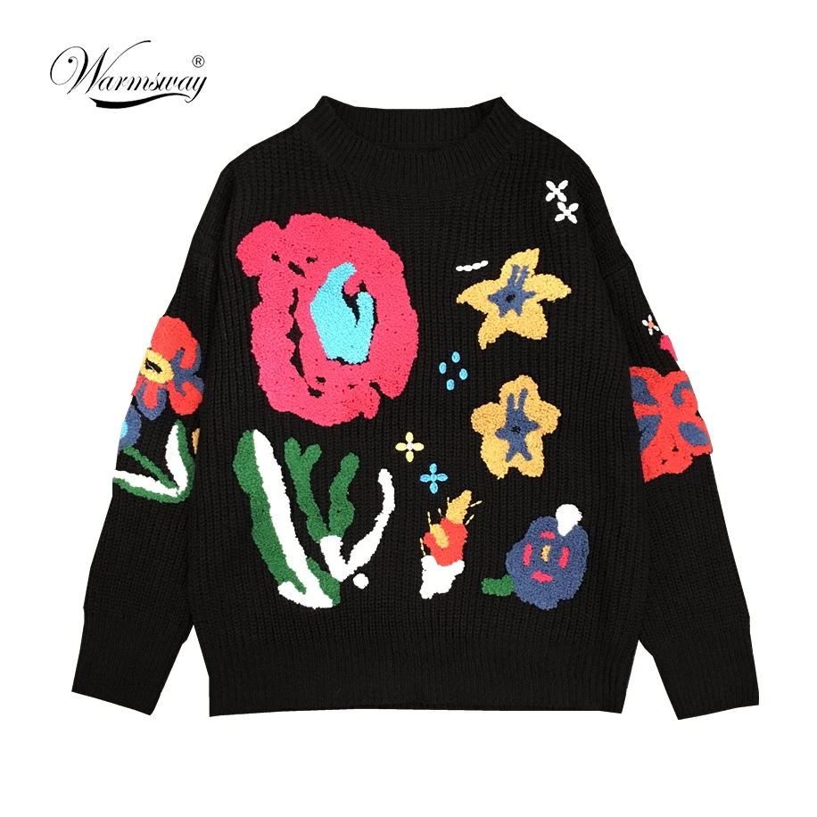 2018 Autumn Winter New Fashion Embroidery Intarsia Knitting Sweaters women