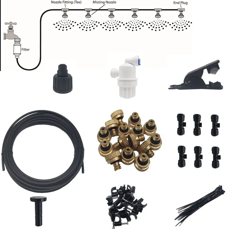 

DIY Misting Cooling System 9M misting kits with 11pcs mist nozzles and nozzle fittings
