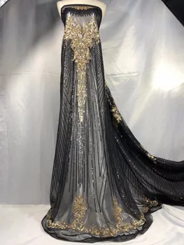 

2018 Black Gold African French Lace Fabric High Quality Nigerian Tulle Net Laces Fabrics With Sequins Latest African Lace Fabric