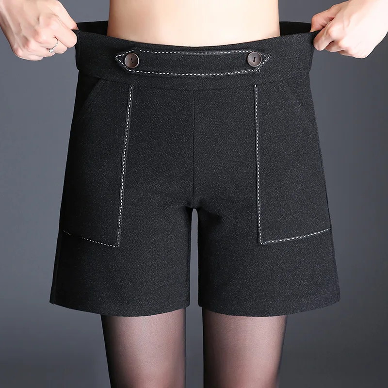 Повседневные Прямые женские шерстяные короткие брюки Bootcut, высокие однотонные шерстяные шорты с эластичной талией, черные широкие шорты