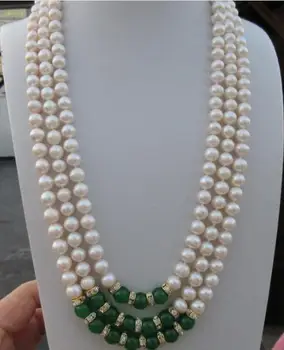 

beautiful AAA 8-9 mm white Pearl+green bead Necklace 20-22inch