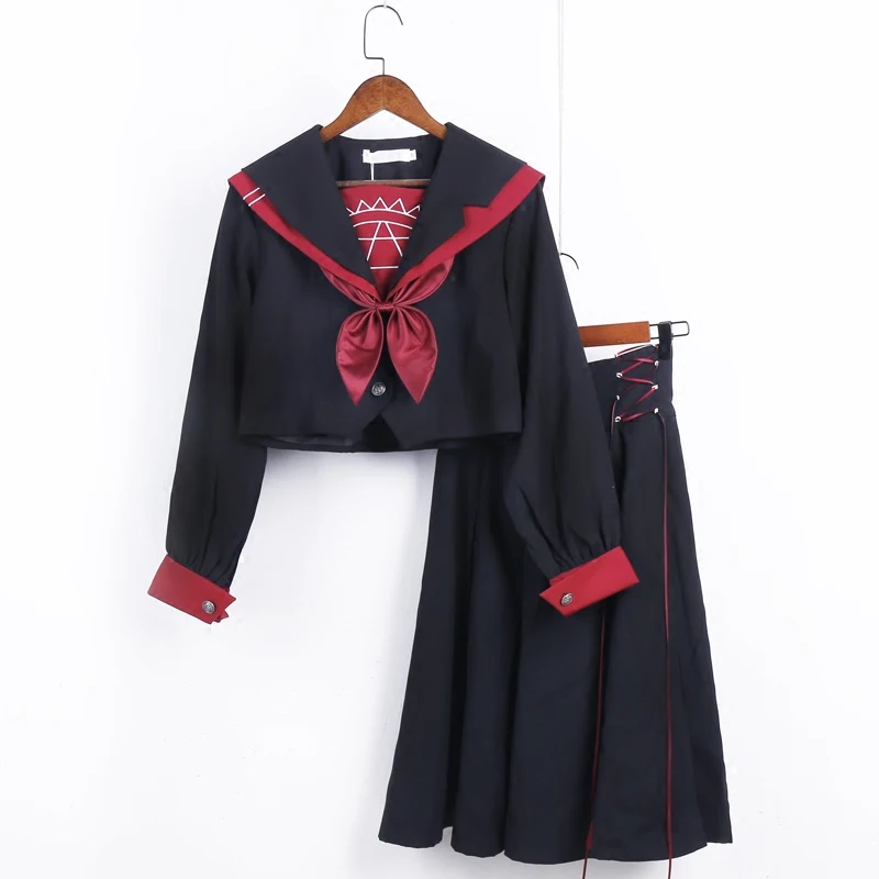 

2018 Spring Japanese School Uniforms for Girls Magic array embroidery Shirt+Long Skirt Fashion Style Students Clothes Black red