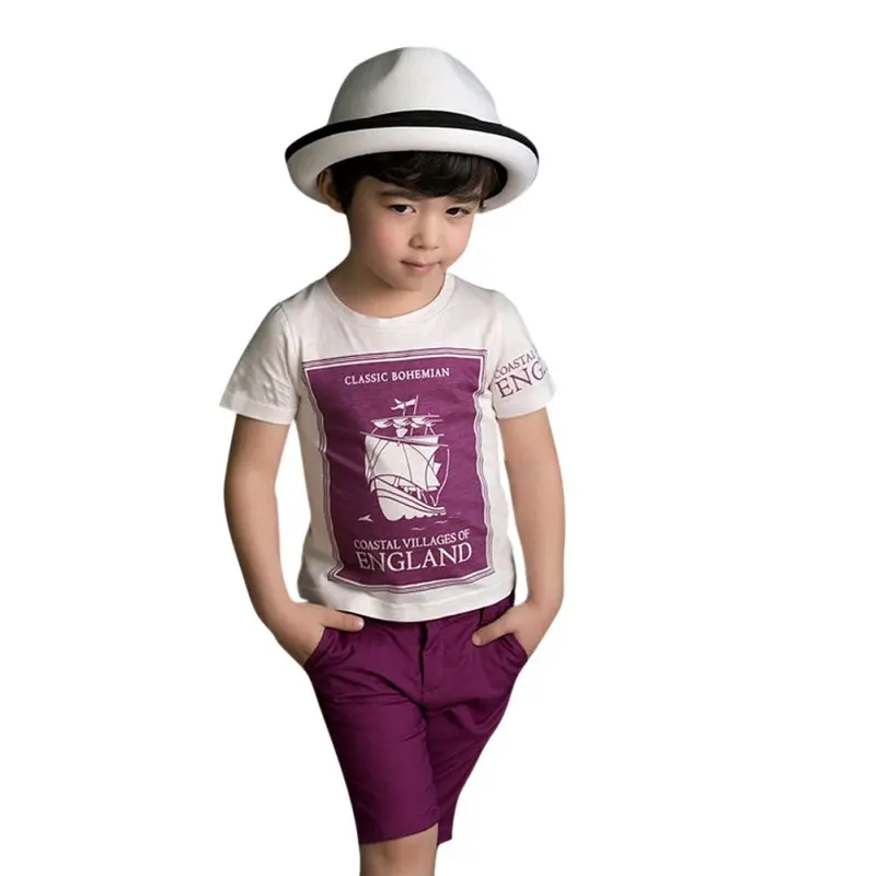 

2Pcs Set Boy Suit Kids Ship Printed Short Sleeve T-shirt + Children Pants Cotton Cloth